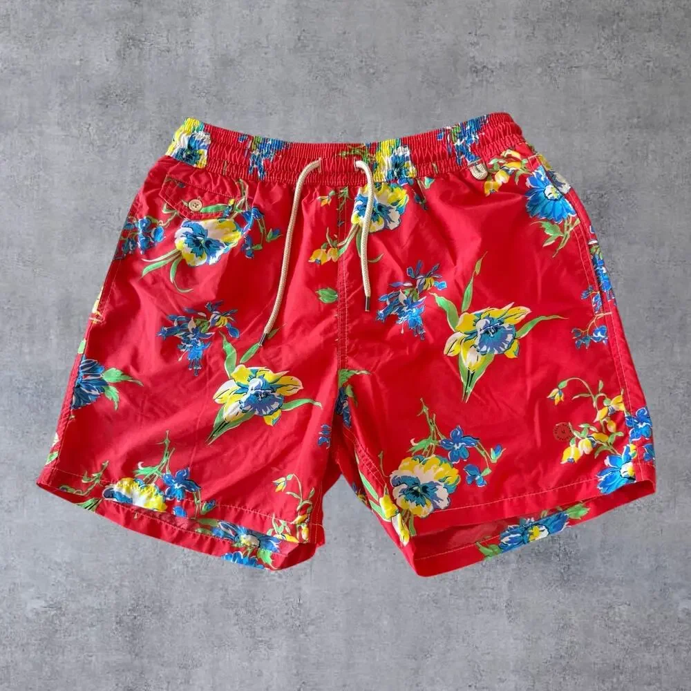 Vintage 90s Polo Ralph Lauren Swim Trunks Shorts Mens Medium M Red Floral Hawaii
